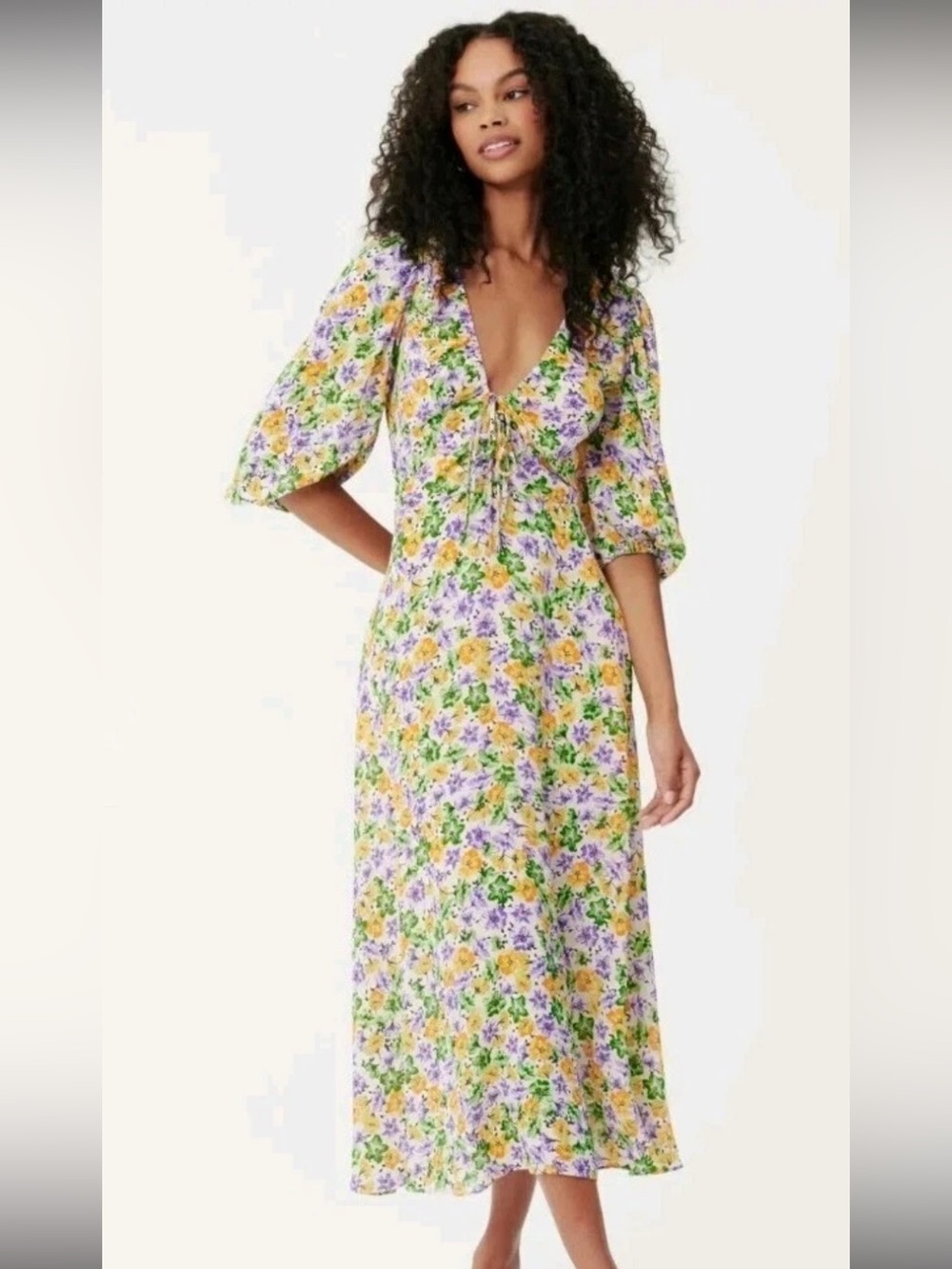 NICHOLAS Yellow & Purple Floral Maxi Dress with Tie-Front